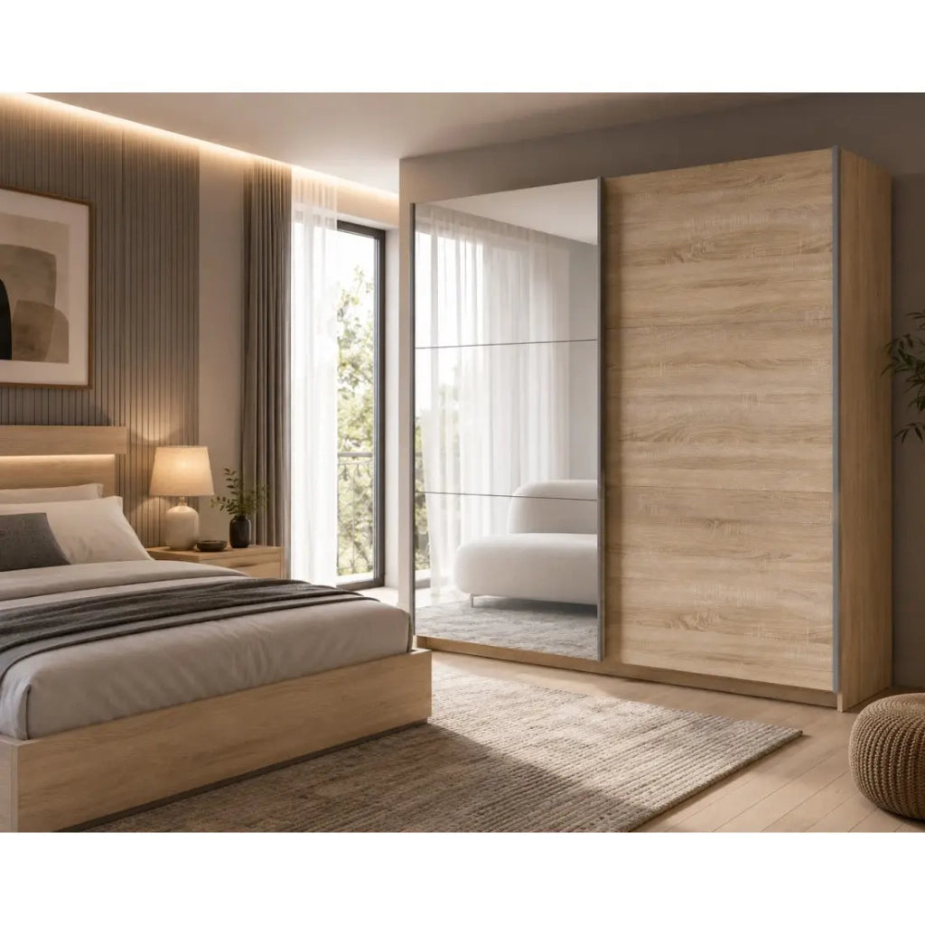 Armadio, guardaroba a 2 porte scorrevoli con specchio - rovere sonoma - Collezione ARSALA