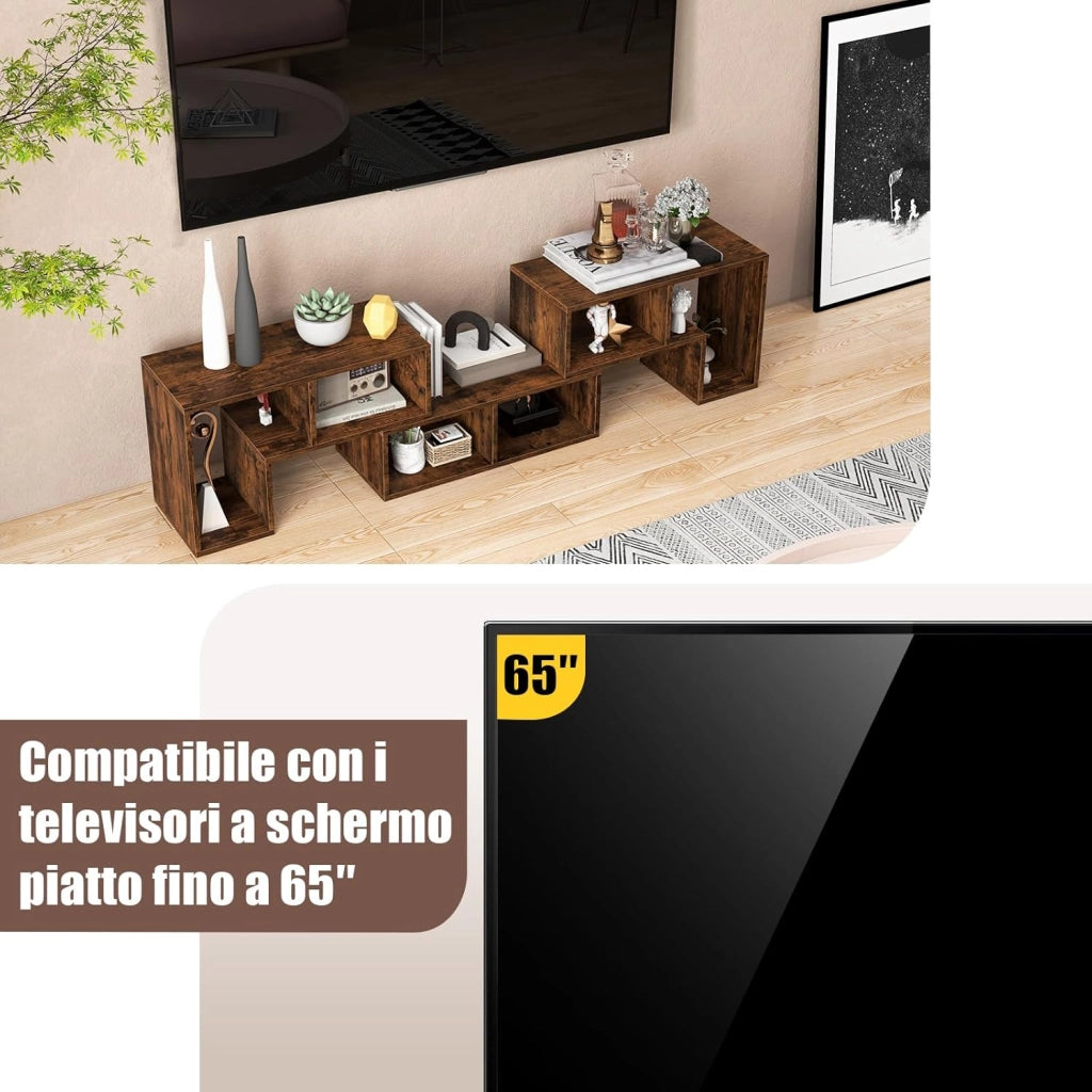 Mobile Porta TV Combinabile con Ripiani Aperti, per TV Fino a 65 Pollici, Mobile TV di Legno per Camera da Letto, Soggiorno, Capacità di Carico Massima 80 kg, 134-180 x 30 x 43 cm (Marrone)