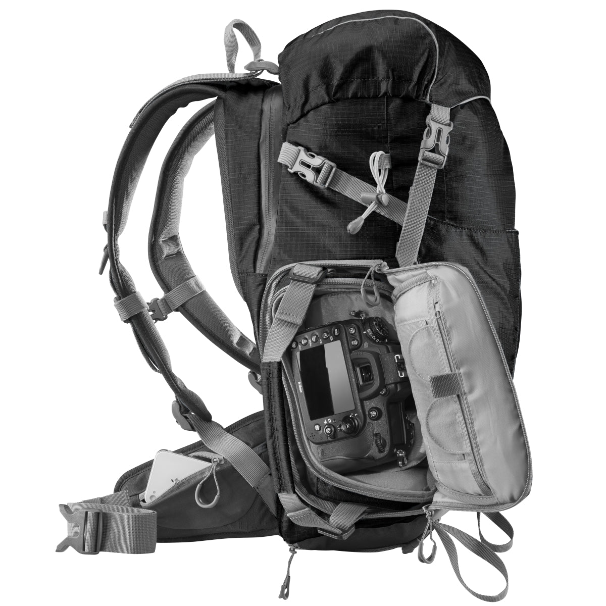 Mantona Elements Outdoor Zaino nero 2in1 per fotocamera e trekking, borsa fotografica con scomparti imbottiti per DSLR, drone, con supporto treppiede e copertura antipioggia