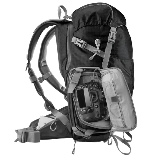 Mantona Elements Outdoor Zaino nero 2in1 per fotocamera e trekking, borsa fotografica con scomparti imbottiti per DSLR, drone, con supporto treppiede e copertura antipioggia