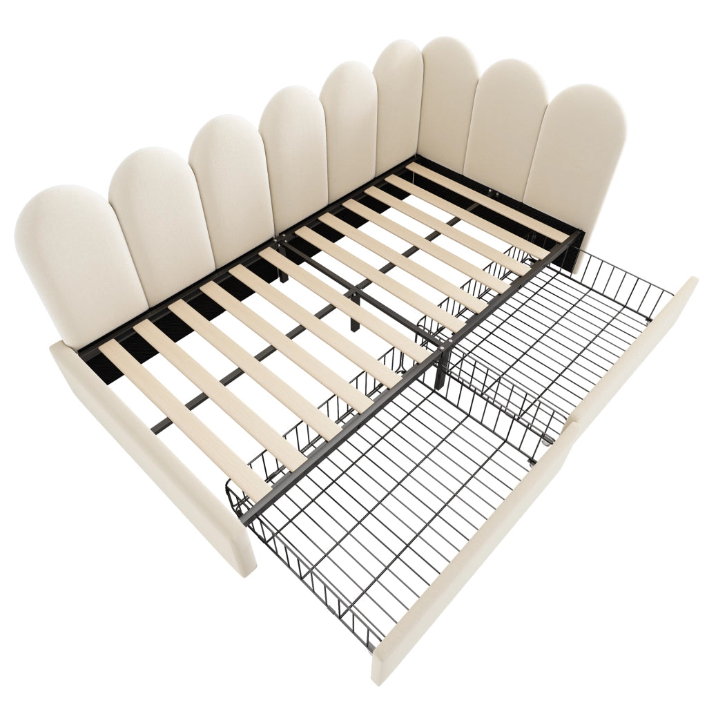 Letto imbottito 90x190 cm in velluto beige con 2 cassetti, rete a doghe, senza materasso