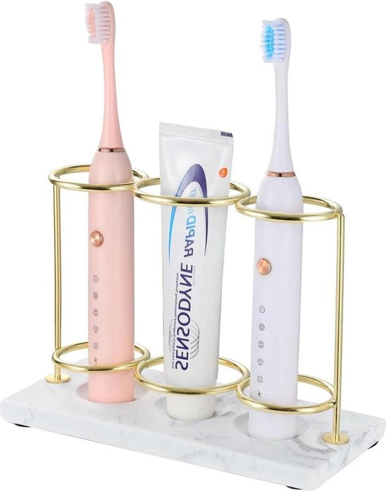 Oggetto per Ombrellino da Denti 3 Fessi 2 Livelli Resina Organizzatore Bagno - Ombrellino Rasoiago - Senza Scivolo - Marmo Oro Bianco