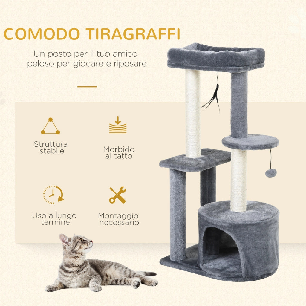 Castello per Gatti con Ripiani e Cuccia ¨C Zephmum ¨C Bianco e Grigio 48x35x100cm