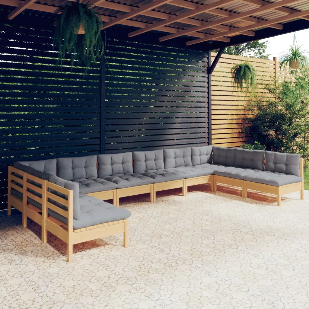 Set Divani da Giardino 10 pz con Cuscini Grigi Massello di Pino 3097186
