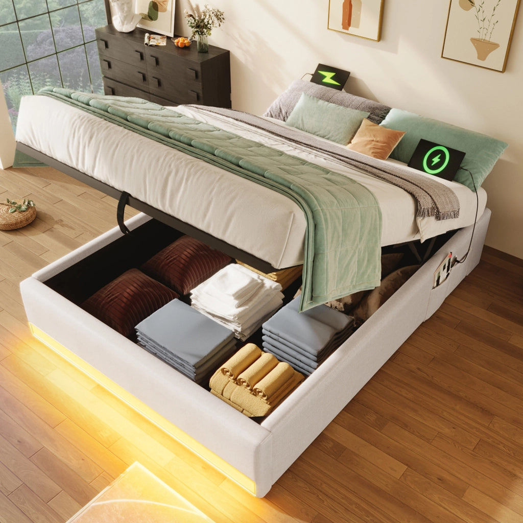 Letto imbottito 90x200 cm con LED; USB e Tipo-C; contenitore idraulico in lino beige