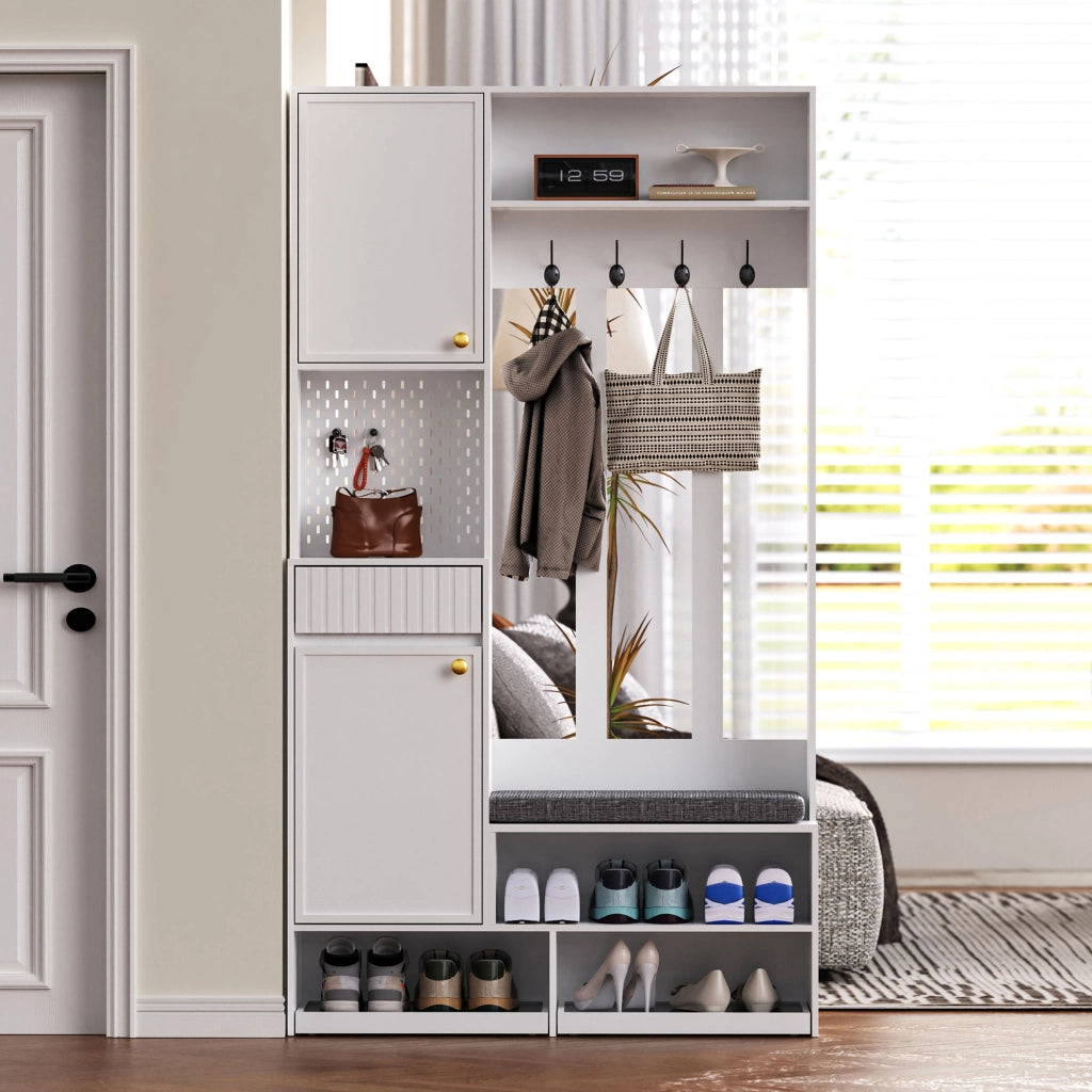 Mobile d'Ingresso con Panca Imbottita; 4 Ganci; Armadio; Pannello Forato e 2 Cassetti; in MDF; 100??35??180 cm; Bianco