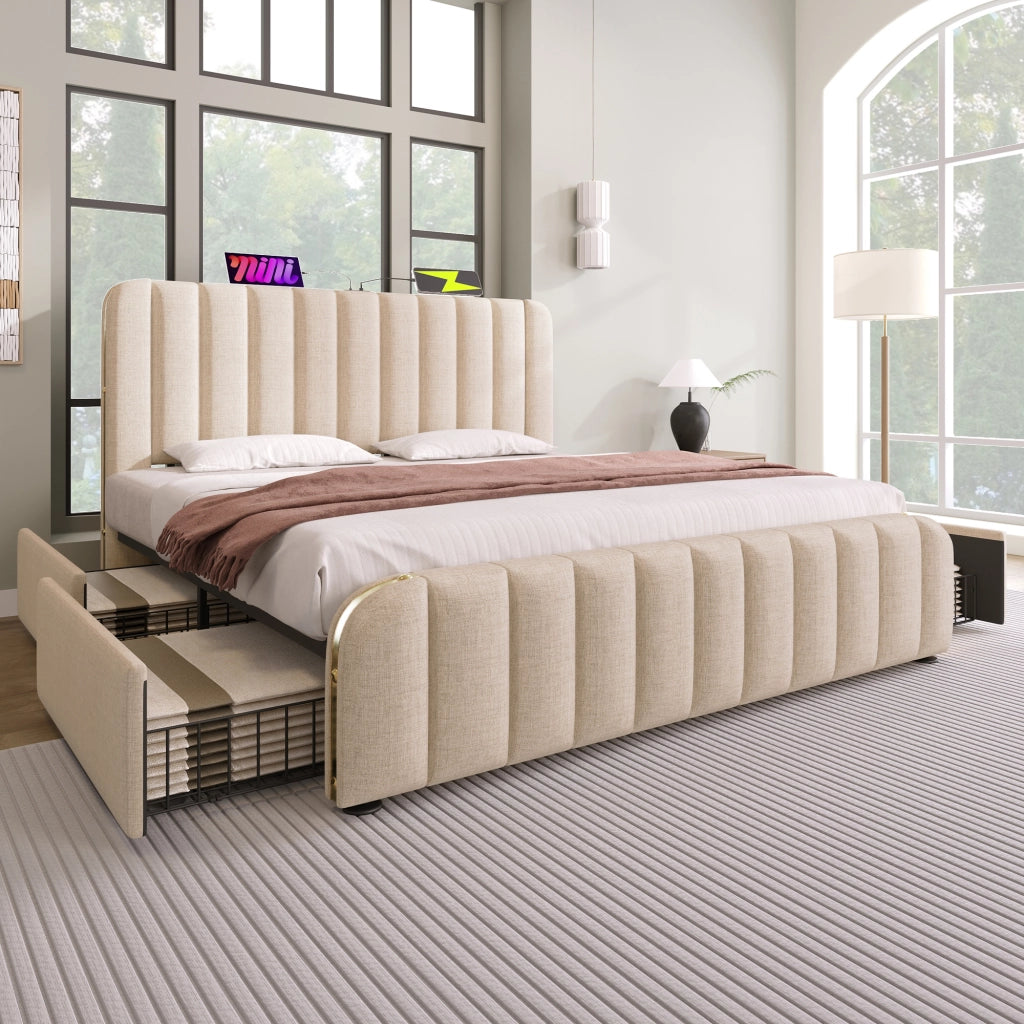 DESMIU Letto Matrimoniale 180 × 200 cm con 4 cassetti, USB, Type-C e testiera, senza materasso, in lino beige