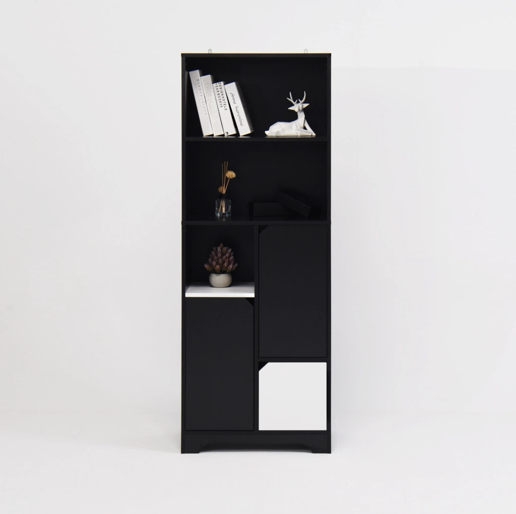 Libreria con 2 ripiani aperti e anta; 60x35x160 cm; truciolare nero