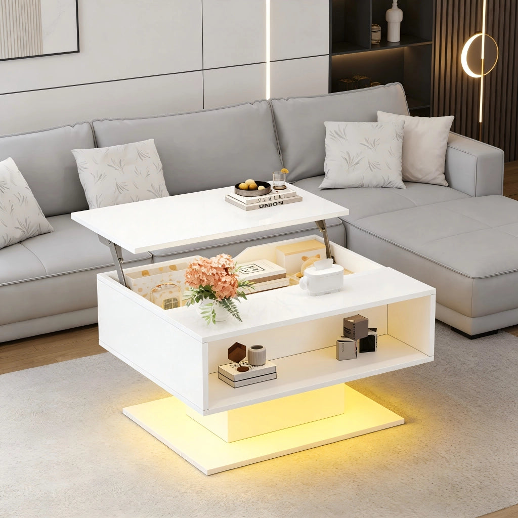 Tavolino da caffè alzabile con vano nascosto; LED; per soggiorno; 80×75×40 cm; bianco