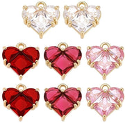 Accessori per gioielli DIY - Charms a forma di cuore in zirconia - Hanger con strass - Set di 8 pezzi - Dimensioni: 12 x 12,5 x 4 mm - Colori: rosso, bianco, rosa