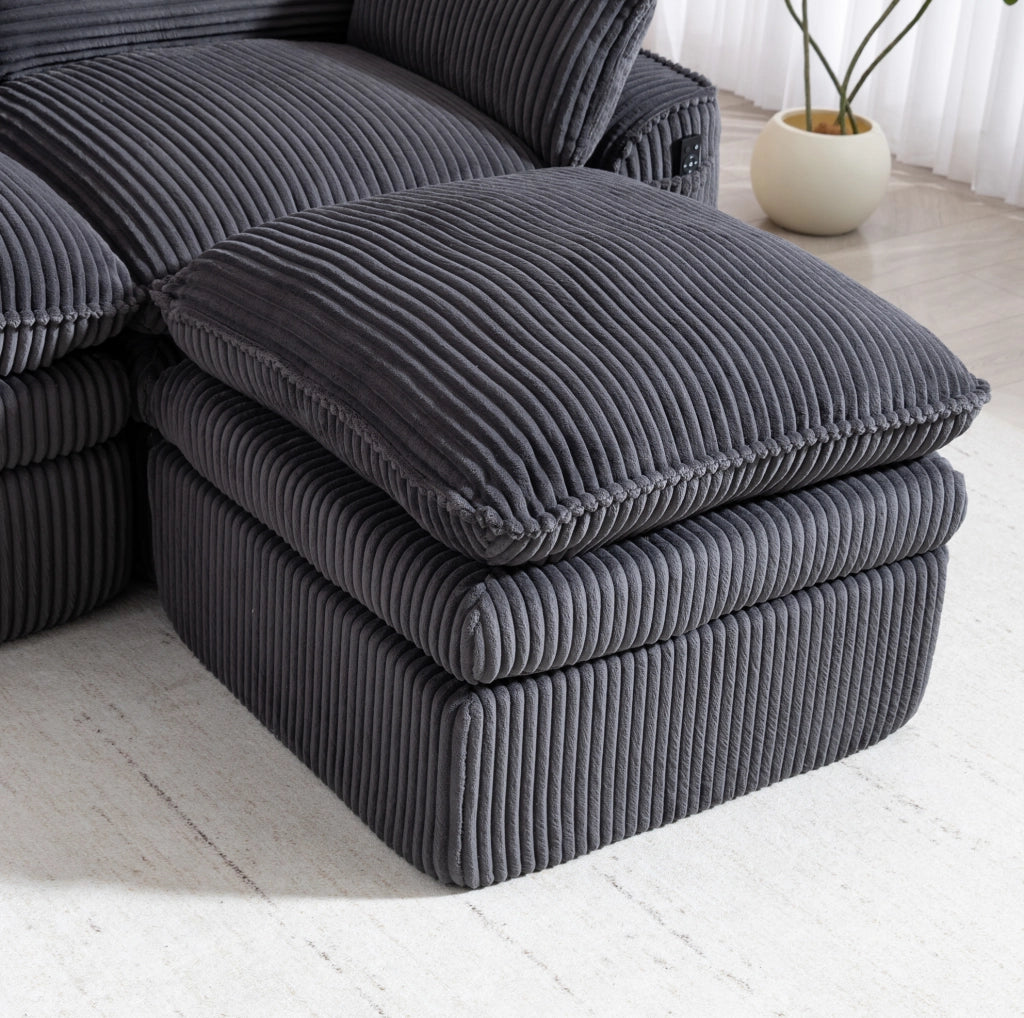 Divano modulare 3 posti con pouf in velluto a coste grigio scuro, confortevole e versatile