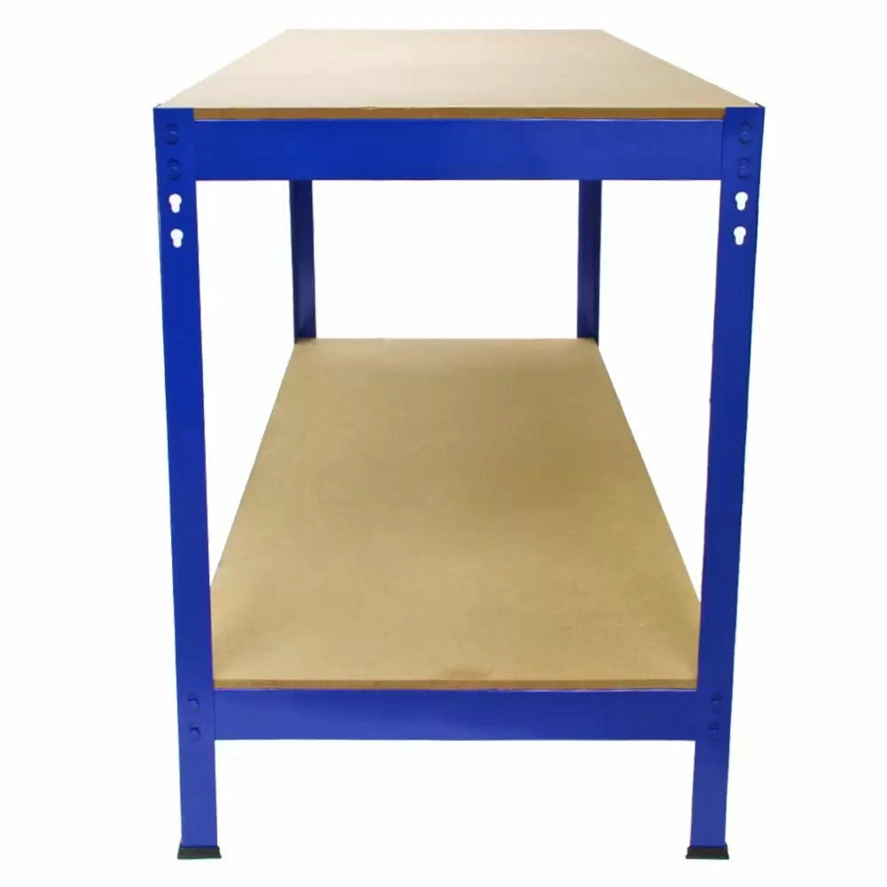 Set 3 Scaffali ad Incastro con Banco da lavoro da 120 cm e Martello Piani in MDF Struttura in Acciaio Blu
