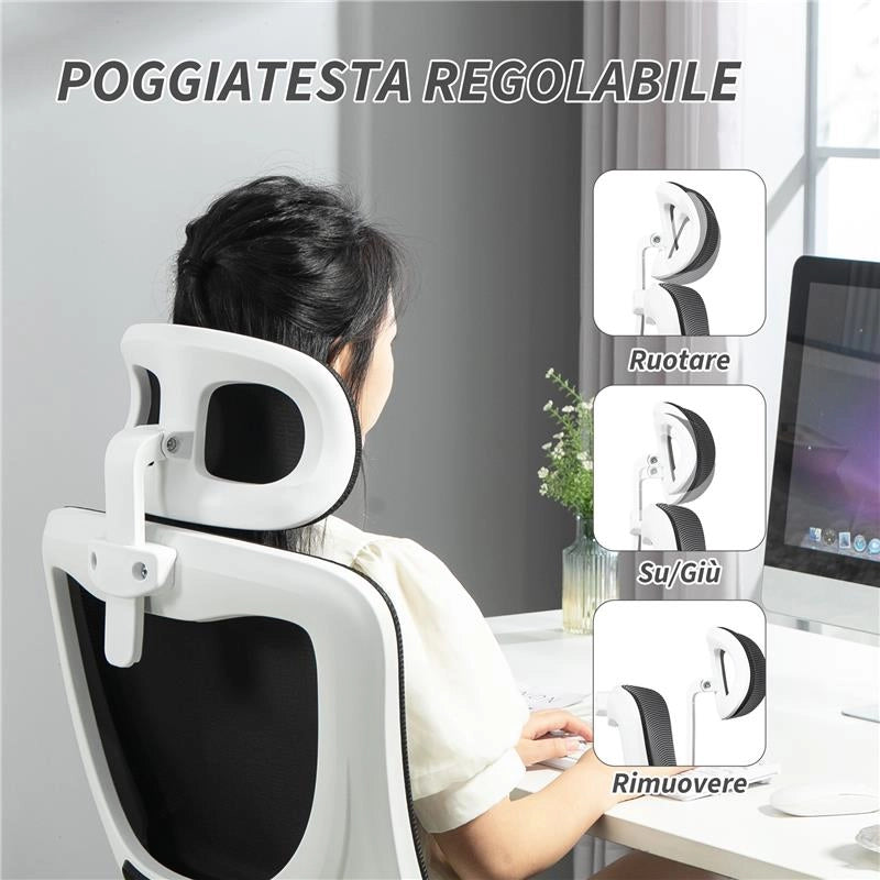 SEDIA DA UFFICIO REGOLABILE E RECLINABILE CON POGGIATESTA RIMOVIBILE, IN TESSUTO A RETE, 60X59X114-122 CM, NERO