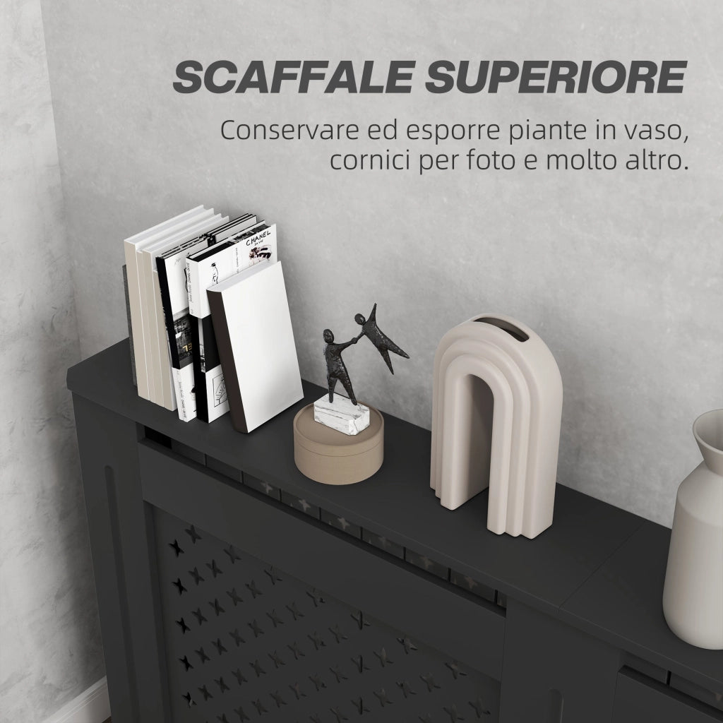 Copritermosifone Traforato a Croce con Ripiano e Fissaggio a Muro 152x19x82 cm in Legno MDF Nero