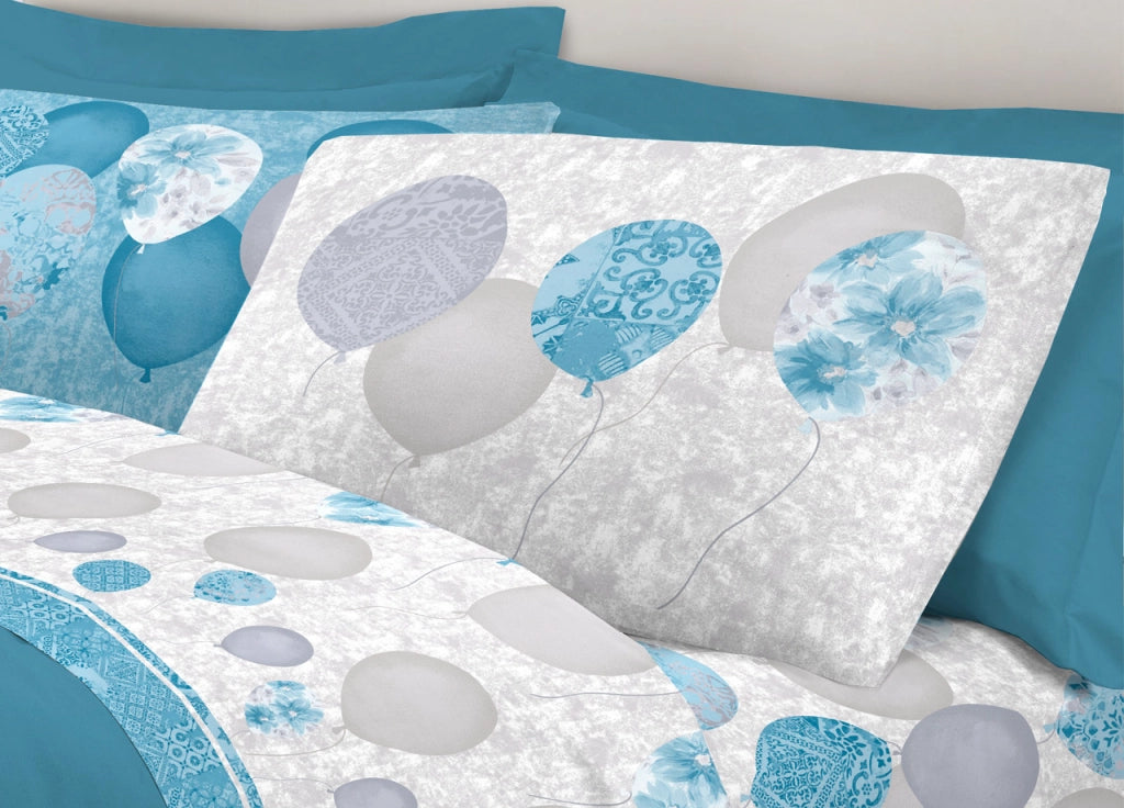Completo Lenzuola Letto Pensieri Delicati 100% Cotone Dis. Palloncini - Piazza E Mezza - Azzurro