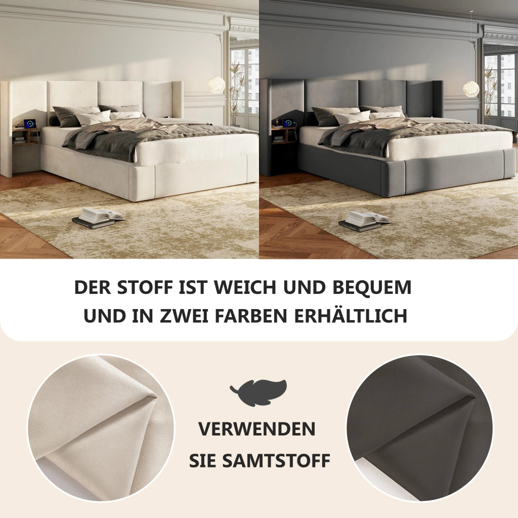 OKWISH Letto Contenitore 160×200 cm, Letto Matrimoniale con USB, Tipo C, Prese e 2 Comodini, senza Materasso, in Velluto, Beige