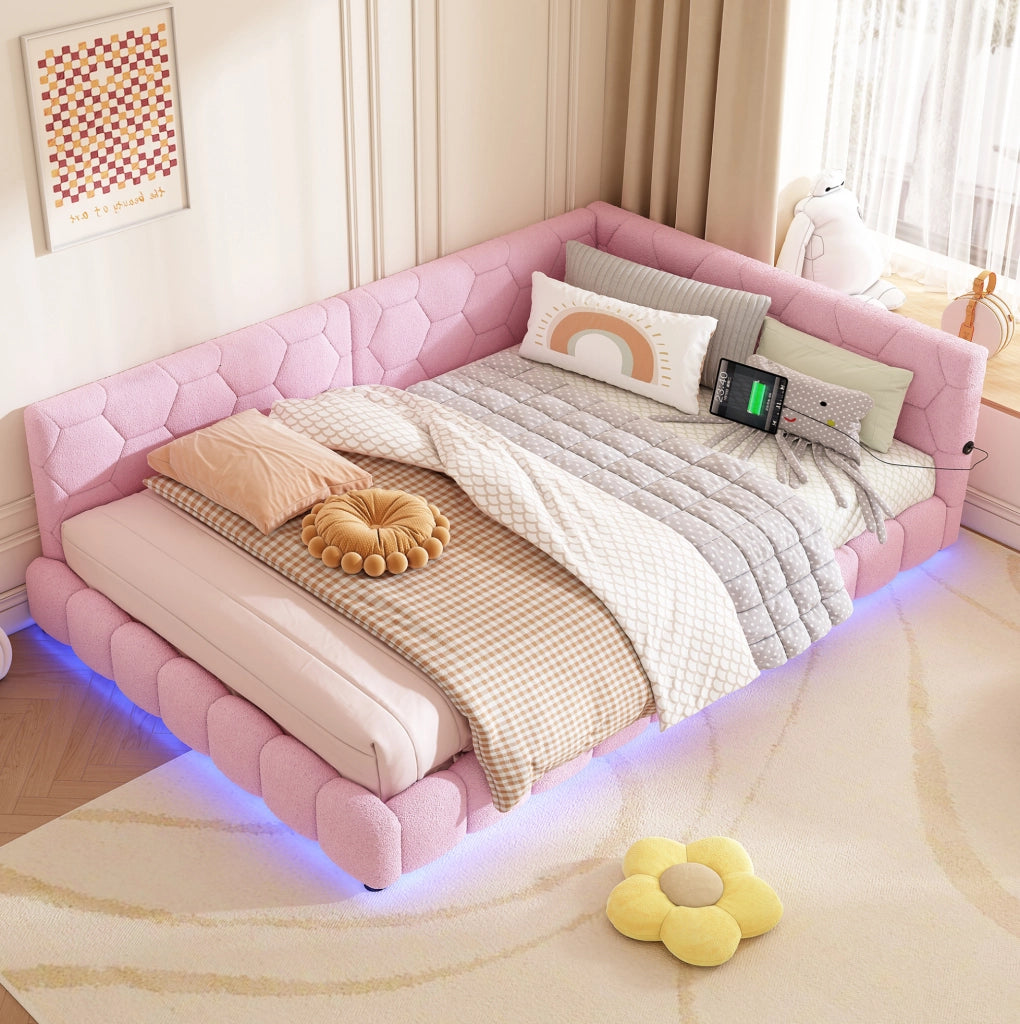 Divano letto 140x200 cm con luci LED; velluto e MDF; rosa (Senza materasso)