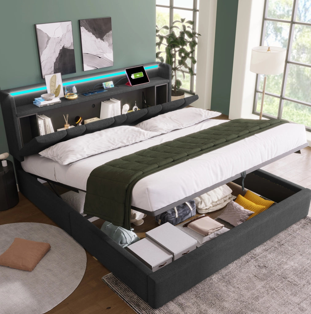 Letto matrimoniale imbottito 140x190 cm grigio in lino con testiera contenitore; prese USB e LED RGBW