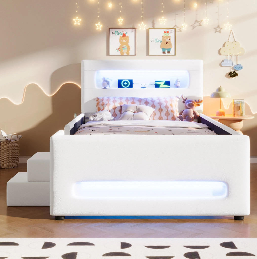 Letto imbottito 90x200 cm con LED, cassetto e scala
