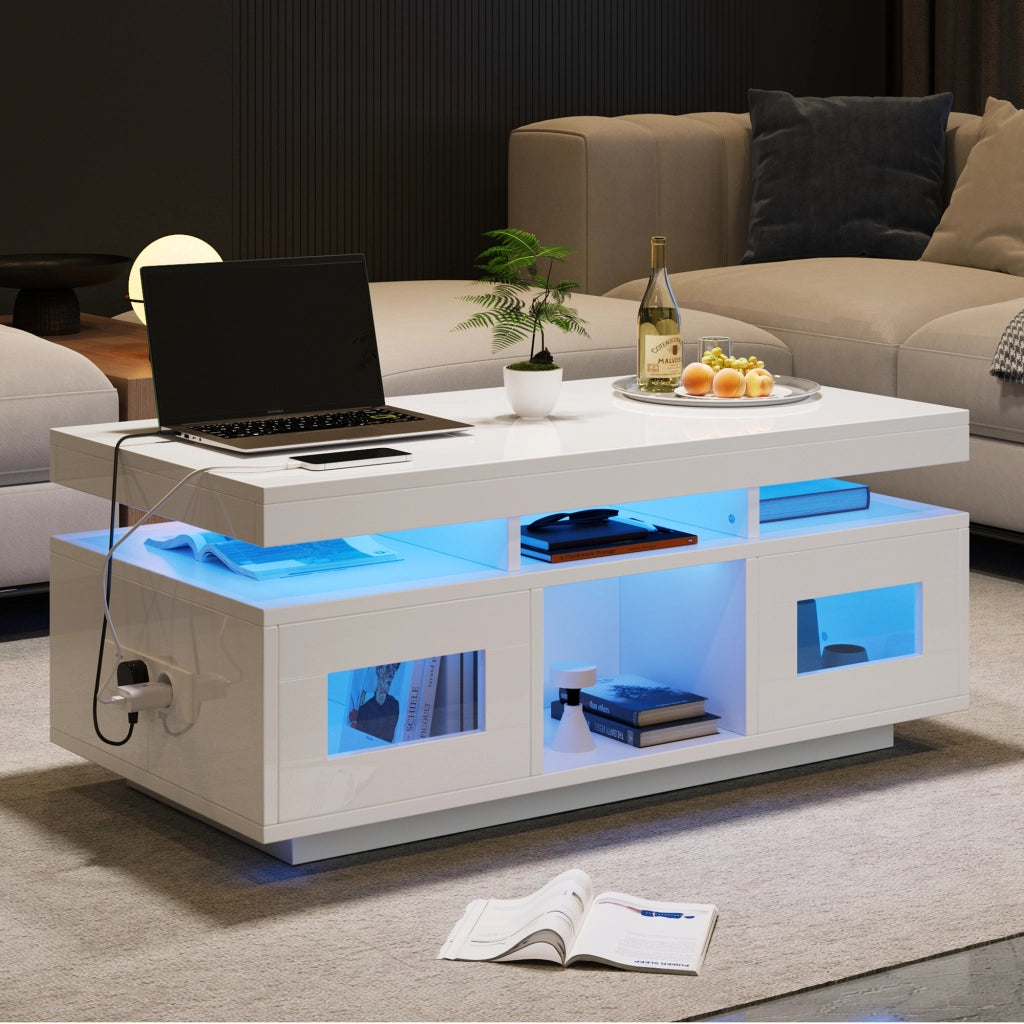 OKWISH Tavolino da Salotto con 2 Ante, 2 Vani e 1 Ripiano, LED e Presa USB, per Soggiorno, Bianco, 100 x 50 x 43 cm