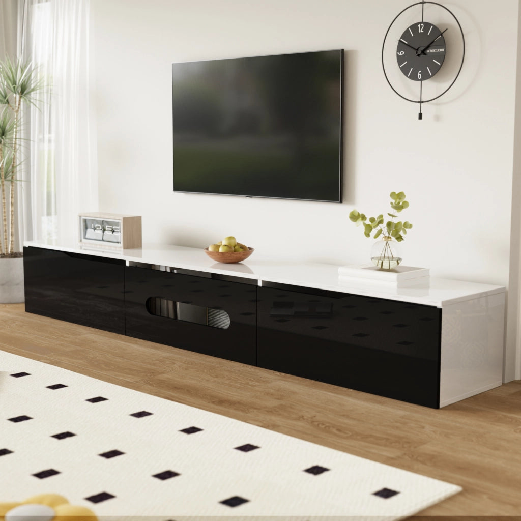 OKWISH Mobile TV con 3 Ante e LED, Montaggio a Parete o a Pavimento, per Soggiorno, MDF, Nero e Bianco, 180×35×30 cm