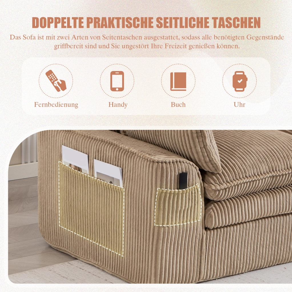 Divano modulare 3 posti ULEVR 263x167x85 cm con pouf, tasche laterali e cuscini, velluto a coste kaki