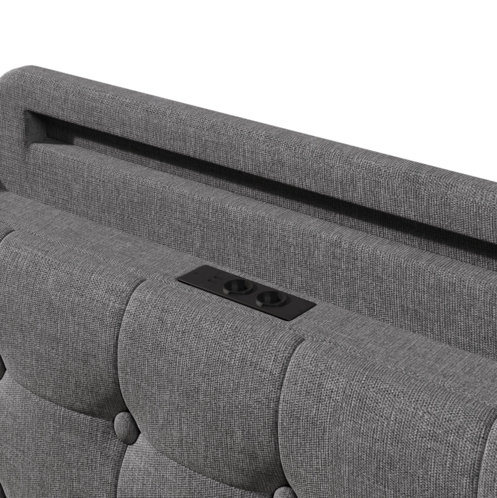 Letto imbottito 140×200 cm grigio con LED, vano idraulico, USB e Type-C