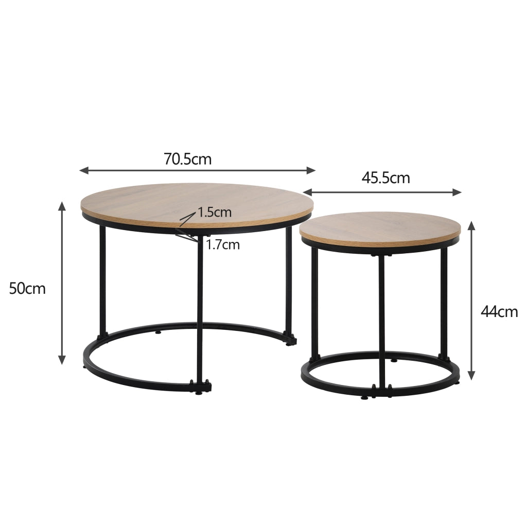 Tavolini da Salotto Rotondi Impilabili con 2 Piani; Struttura in Metallo; MDF; Finitura Rovere