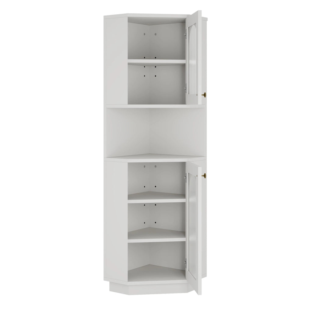Mobile bagno angolare con luce; ripiani aperti e anta in vetro bianco