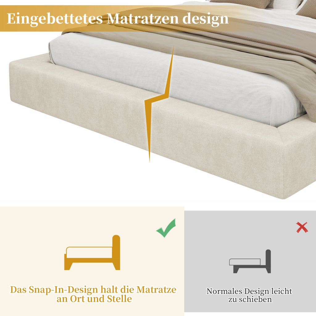 Letto imbottito con doghe e testiera, 180x200 cm, chenille beige