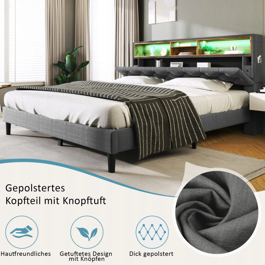 Letto imbottito con illuminazione LED - Xylo - 140??200 cm - Grigio