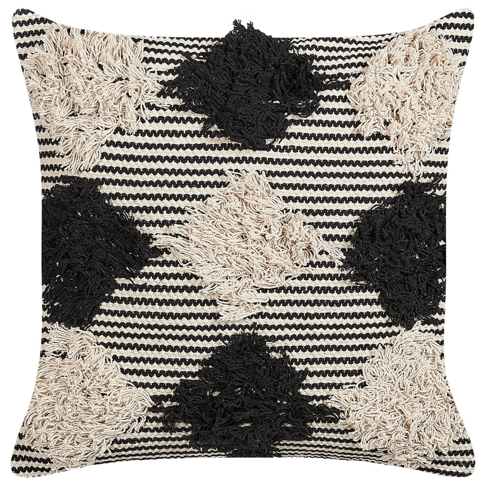 Cuscino decorativo in cotone beige e nero 50 x 50 cm motivo geometrico sfoderabile fatto a mano con imbottitura