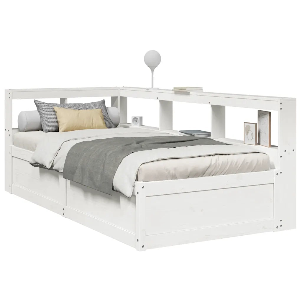 Letto Libreria senza Materasso-Struttura Letto con contenitore Bianco 90x190 cm Massello Pino 676491