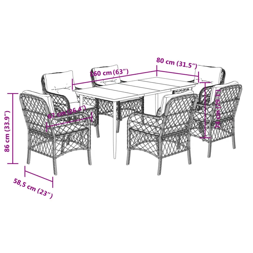 Set da Pranzo da Giardino 7 pz Nero con Cuscini in Polyrattan 3212100