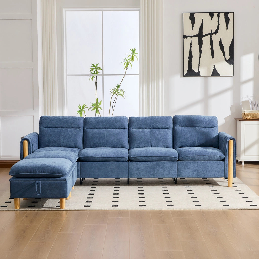 Divano panoramico a U modulare con 2 pouf contenitore e tasche laterali in chenille blu 261 × 77 × 86 cm