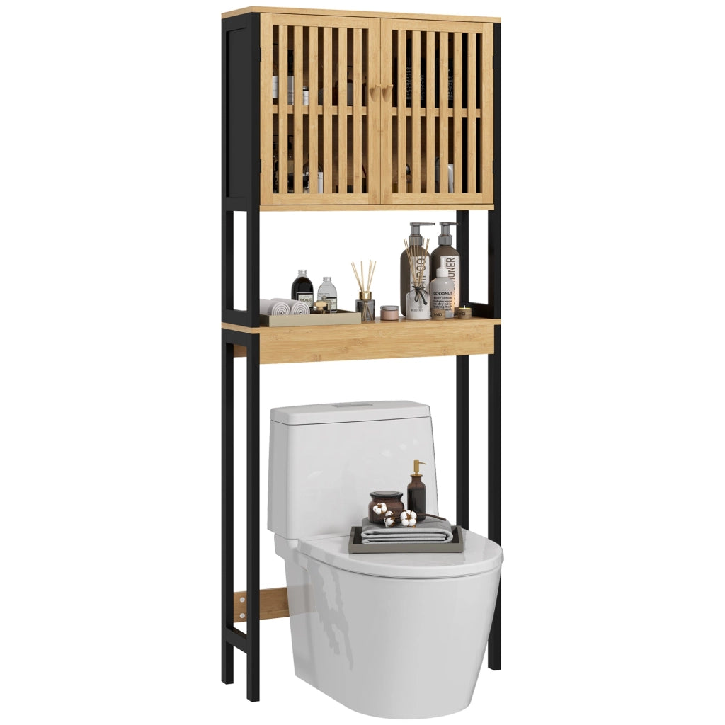 Mobile Sopra WC con Armadietto 2 Ante a Doghe e Ripiano Aperto 60x21,5x172 cm in Bambù e MDF Legno Naturale e Nero