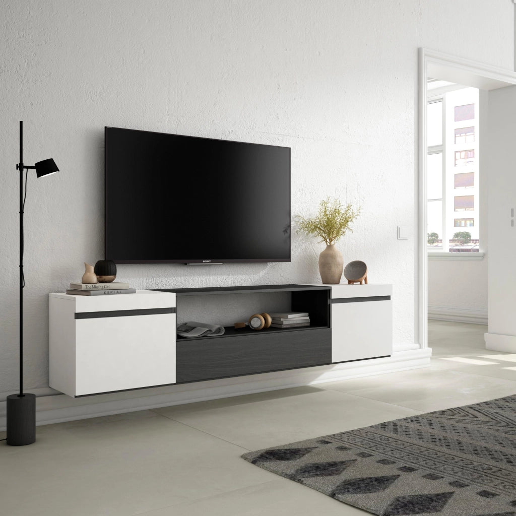 Mobile TV, 200x35x45cm, soggiorno, Per TV fino a 80", da appendere, Bianco e nero RF2204