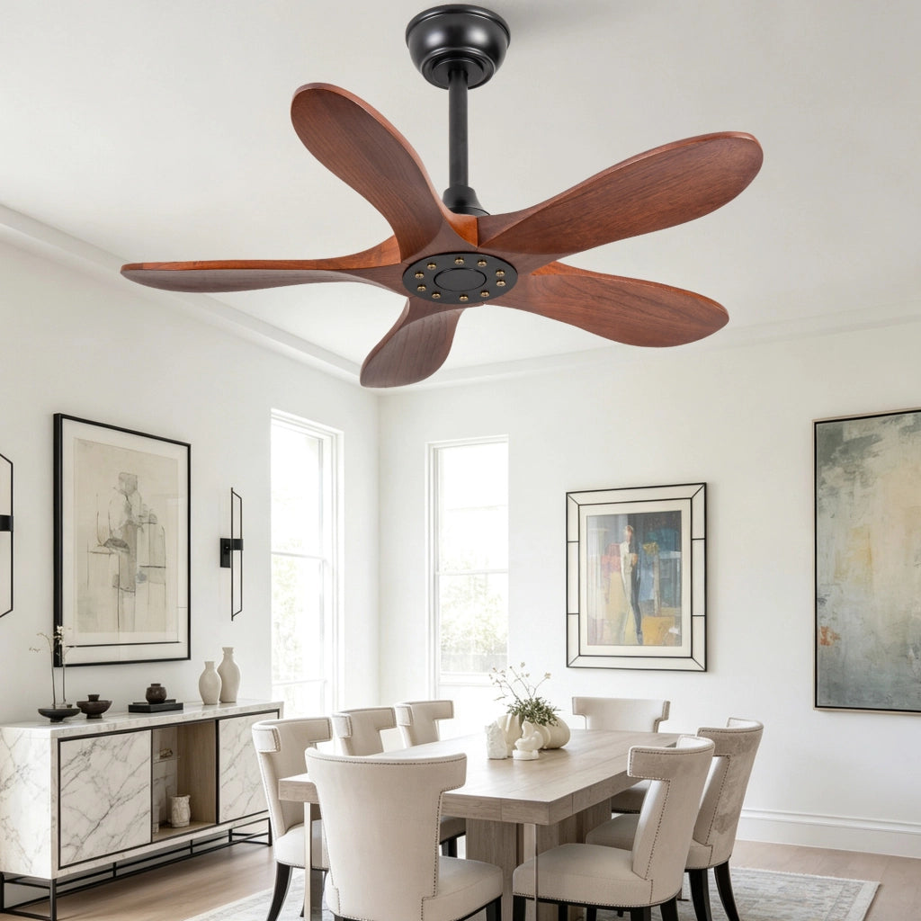 Ventilatore da soffitto 36 pollici senza luce a 5 pale in legno massello noce e nero
