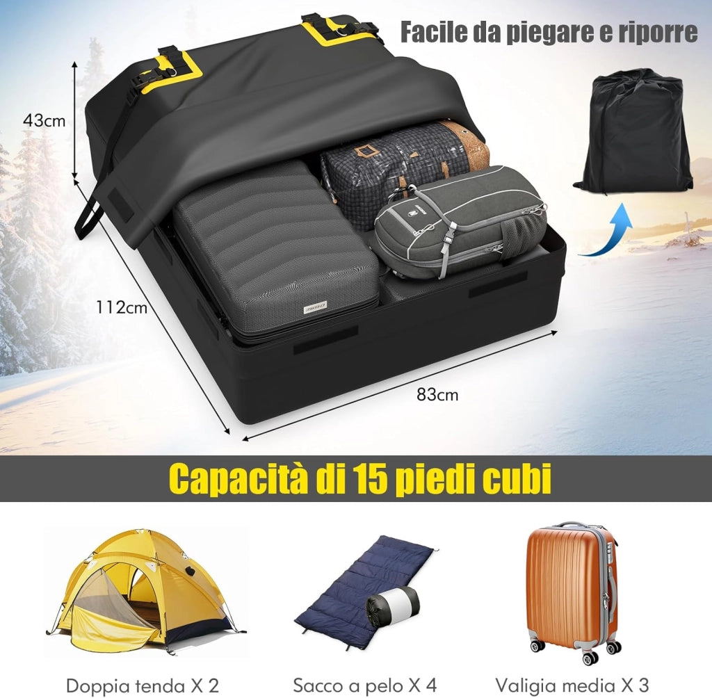 Borsa da Tetto per Auto Impermeabile 15Cu.Ft/425L, Box Tetto Universale con Tappetino Antiscivolo+ 12 Cinghie+ 6 Ganci, Sacca per Auto con/senza Barre Portapacchi(Nero)
