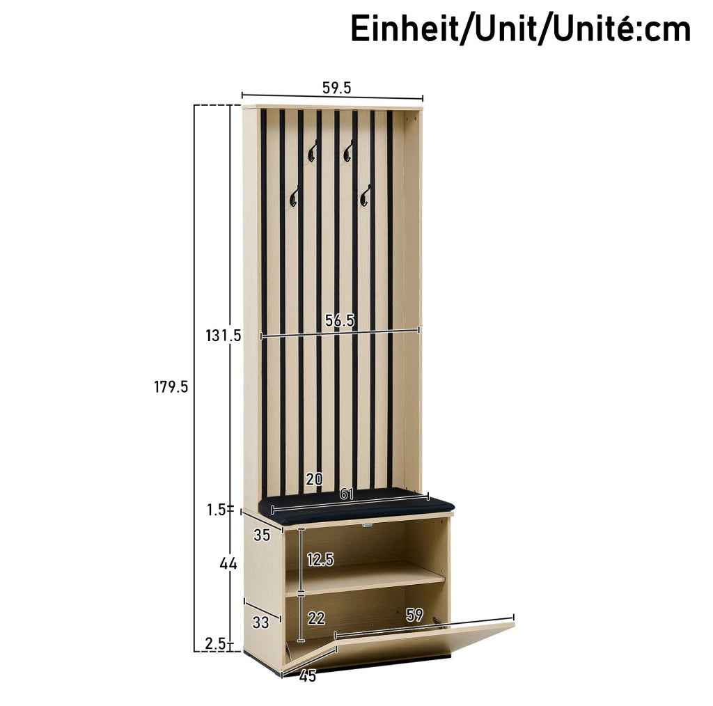 Set guardaroba con specchio e panca; asta estraibile e vano scarpe; MDF effetto legno