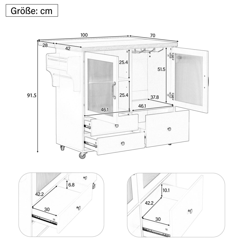 Isola cucina 100x42-70x91.5 cm con piano estendibile e ruote in MDF nero e naturale