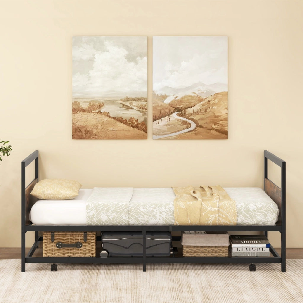 Letto estraibile singolo con gambe pieghevoli e rotelle universali-Struttura del letto 97x204,5cm Marrone