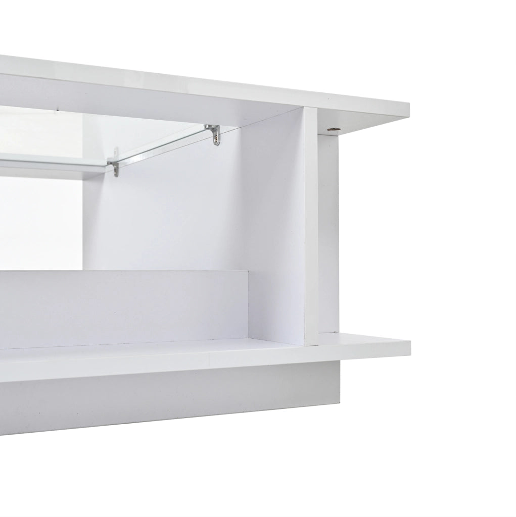 Tavolino da salotto quadrato 70x70x30 cm bianco lucido con piano in vetro e LED