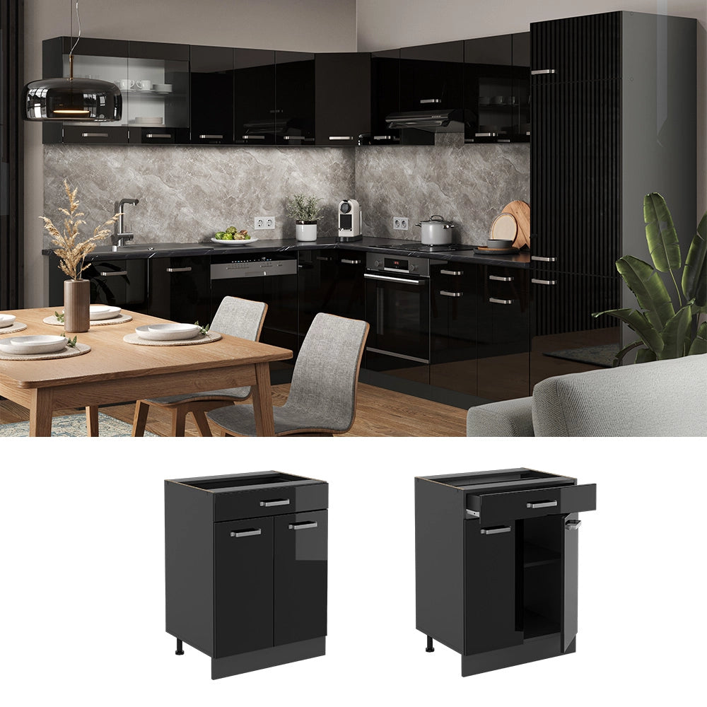 Vicco Mobiletto base per cucina Nero lucido 60 cm con cassetto, senza piano di lavoro
