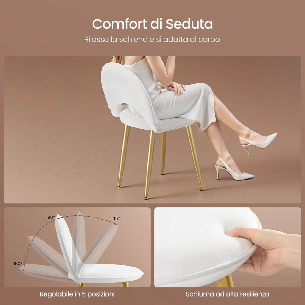 EUGAD Toeletta da Trucco con Luci LED, Luminosità Regolabile, Postazione da Trucco con Sedia in Velluto, con 3 Cassetti, Assemblaggio facile, Bianco e Dorato