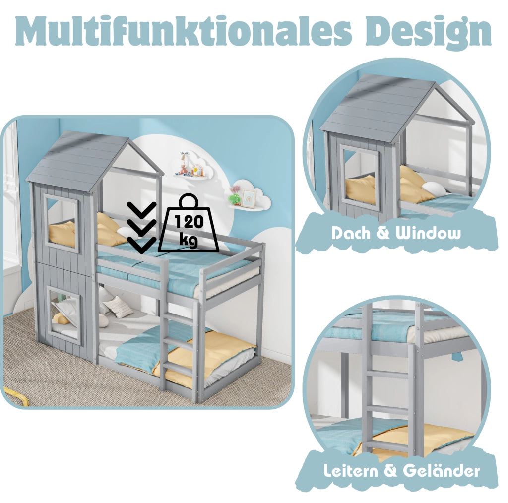 Letto a castello per bambini 90x200 cm in pino e MDF; grigio