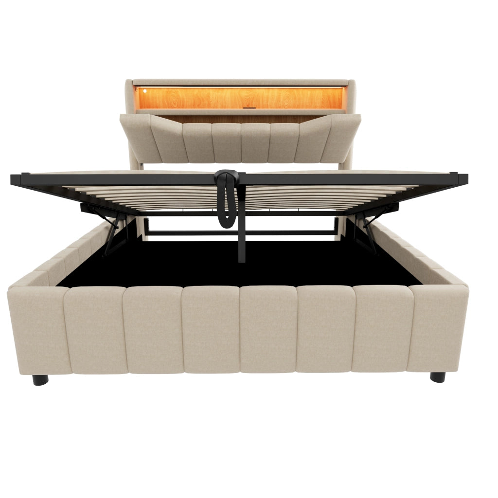 Letto imbottito 140x200 cm con contenitore; LED e porte USB in tessuto beige