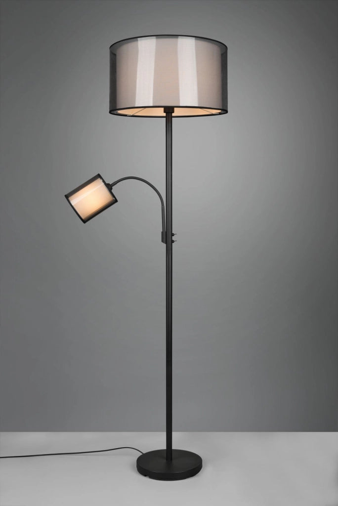 BURTON PIANTANA METALLO NERO CON LAMPADA DA LETTURA PARALUMI BIANCHI E DIFFUSORI ESTERNI TRAFORATI NERI H. 174CM 2 LUCI ATTACCO E27-E14