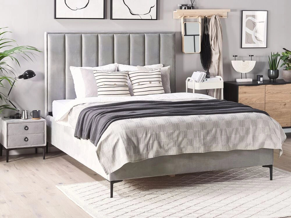 Set camera da letto in velluto grigio 180 x 200 cm con contenitore 2 comodini imbottiti