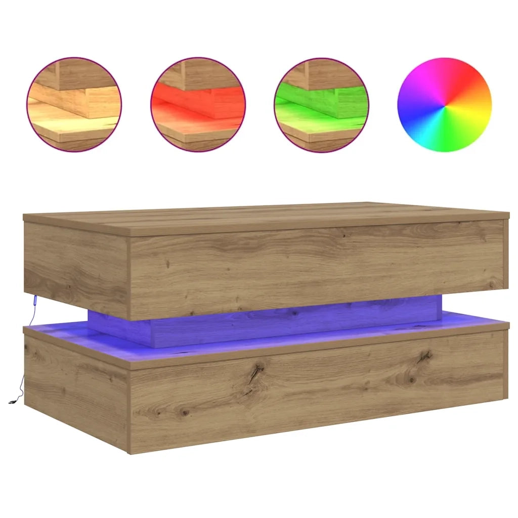 Tavolino da Salotto con Luci LED-Tavolino da soggiorno Rovere Artigianale 90x50x40 cm 703560